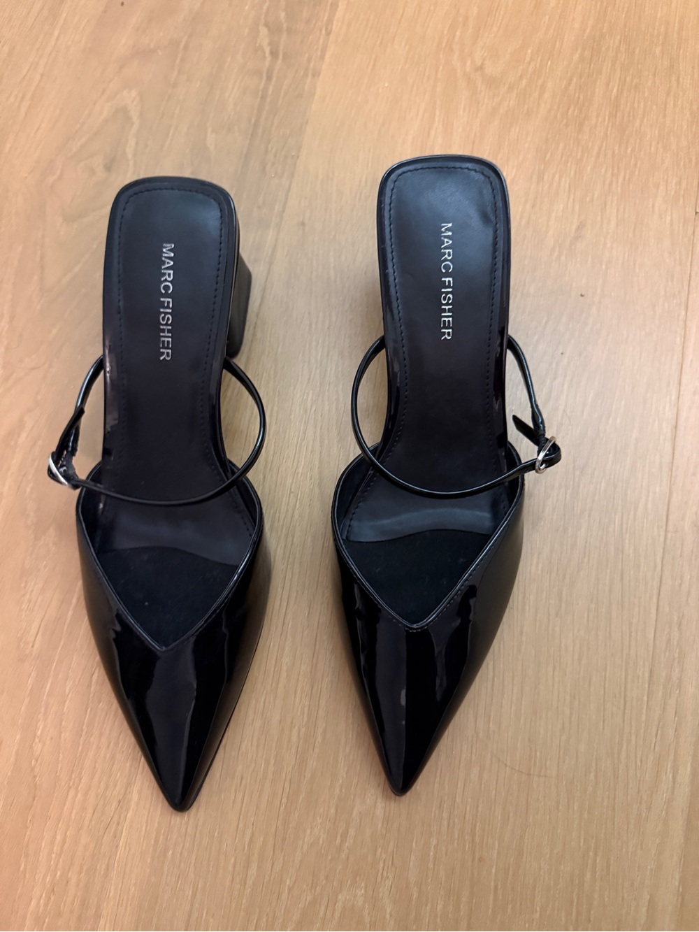 Marc Fisher Black Patent Pointed Toe Slingback Mules